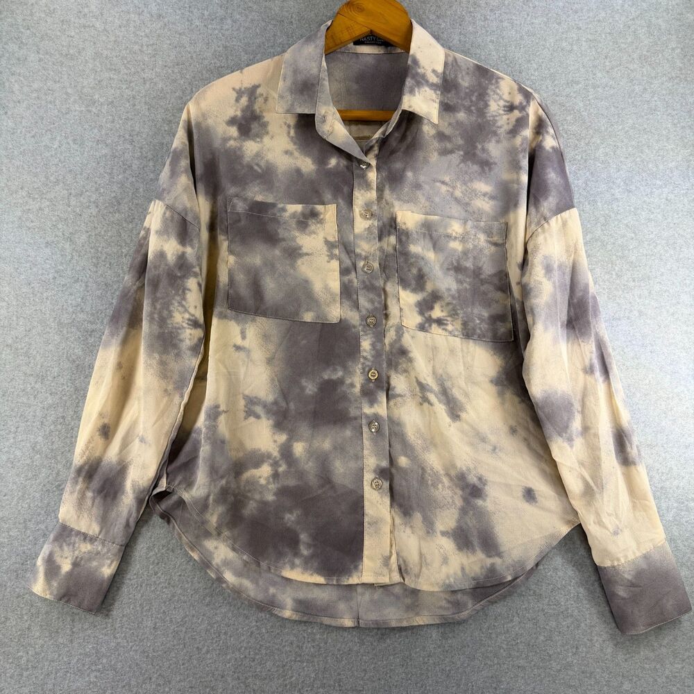 Nasty Gal Collection US 0 Gray Cream Tie Dye Oversized Button Down Shirt 3518